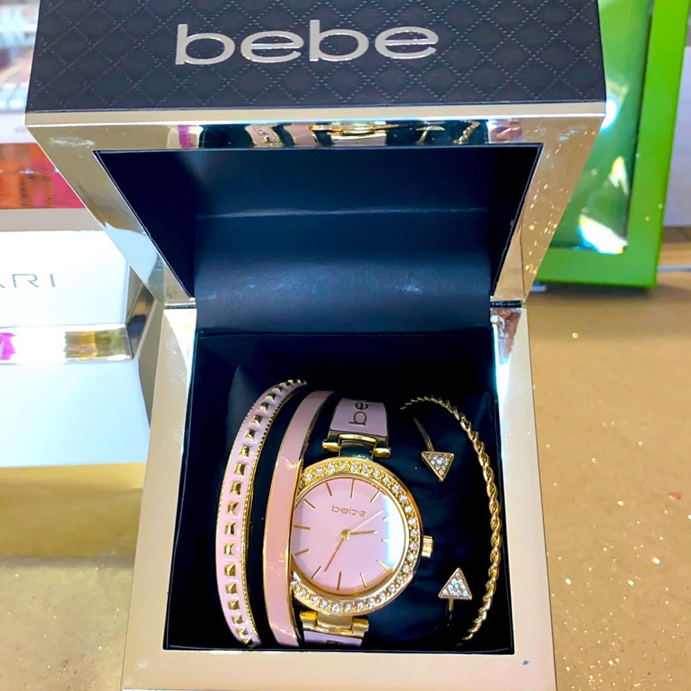 Bebe pink & gold-tone  watch & 4 bracelets set